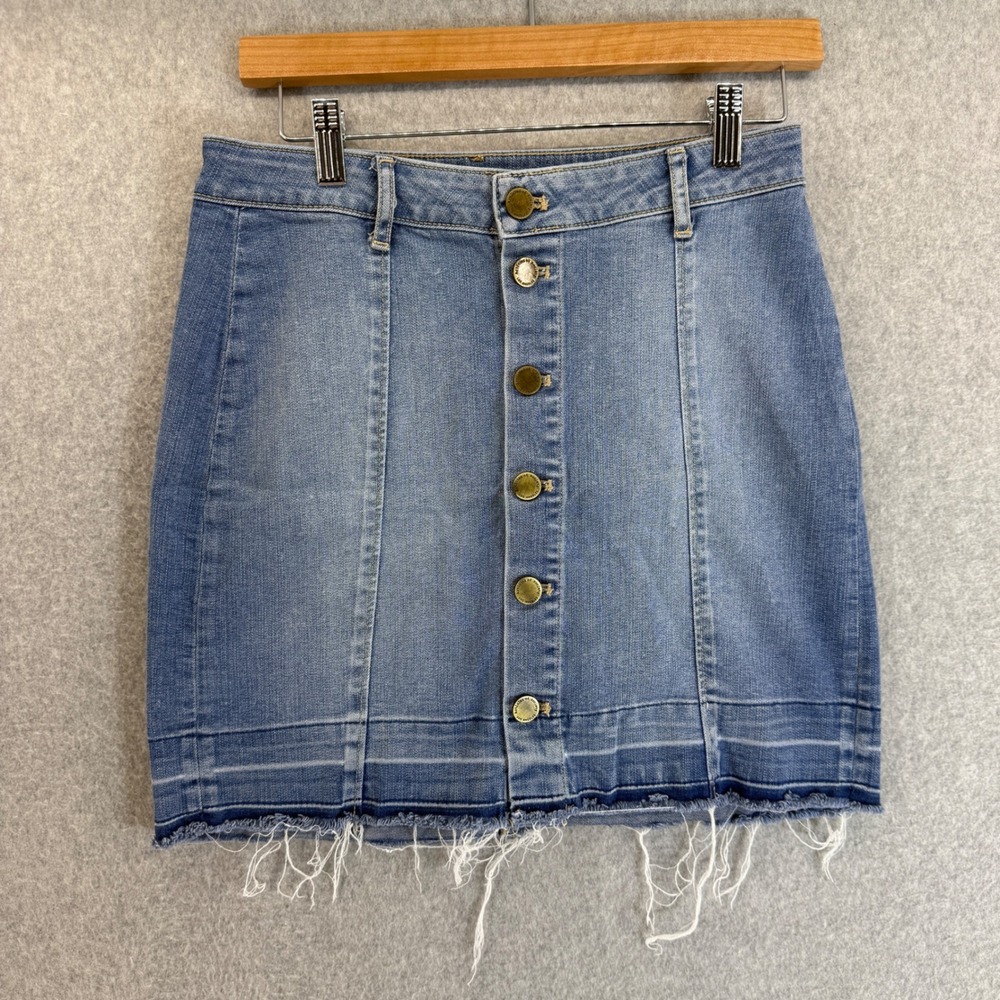 Articles of Society Button Front Jean Denim Mini Skirt‎ Raw Hem Womens Size 26